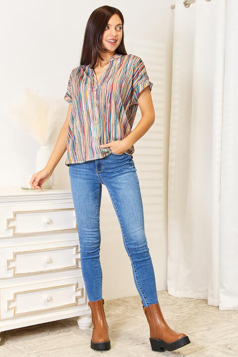 Get trendy with Double Take Multicolored Stripe Notched Neck Top - Tops available at Styles Code. Grab yours today!