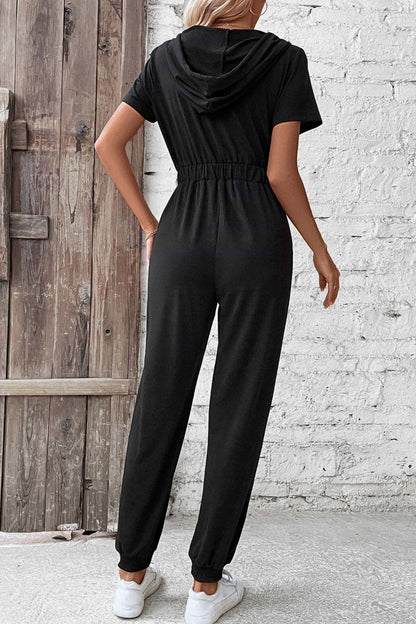 Get trendy with Zip-Up Short Sleeve Hooded Jumpsuit with Pockets - Jumpsuits available at Styles Code. Grab yours today!