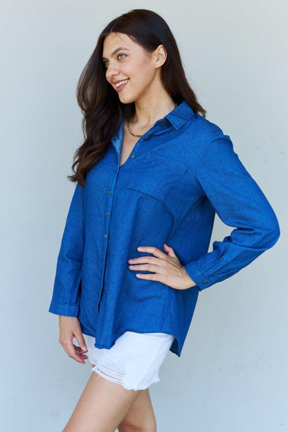 Get trendy with Denim Button Down Shirt Top -  available at Styles Code. Grab yours today!