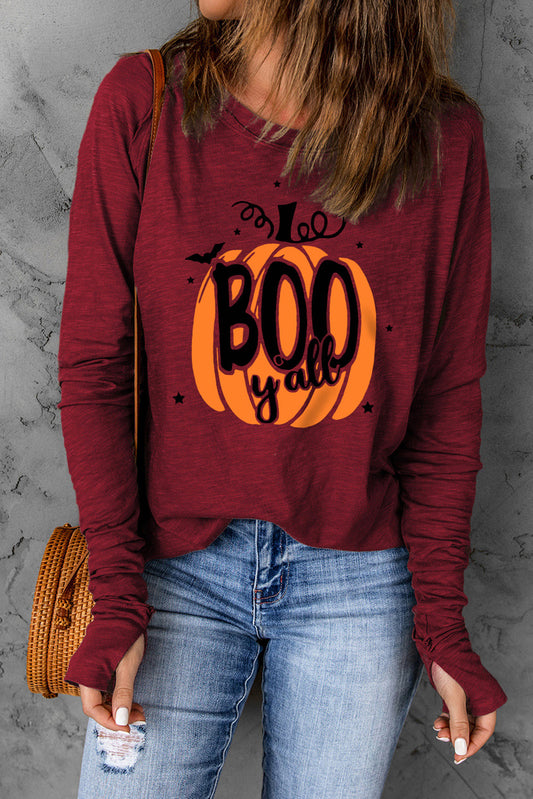 Get trendy with Pumpkin Graphic Thumbhole Sleeve T-Shirt - Halloween Clothes available at Styles Code. Grab yours today!