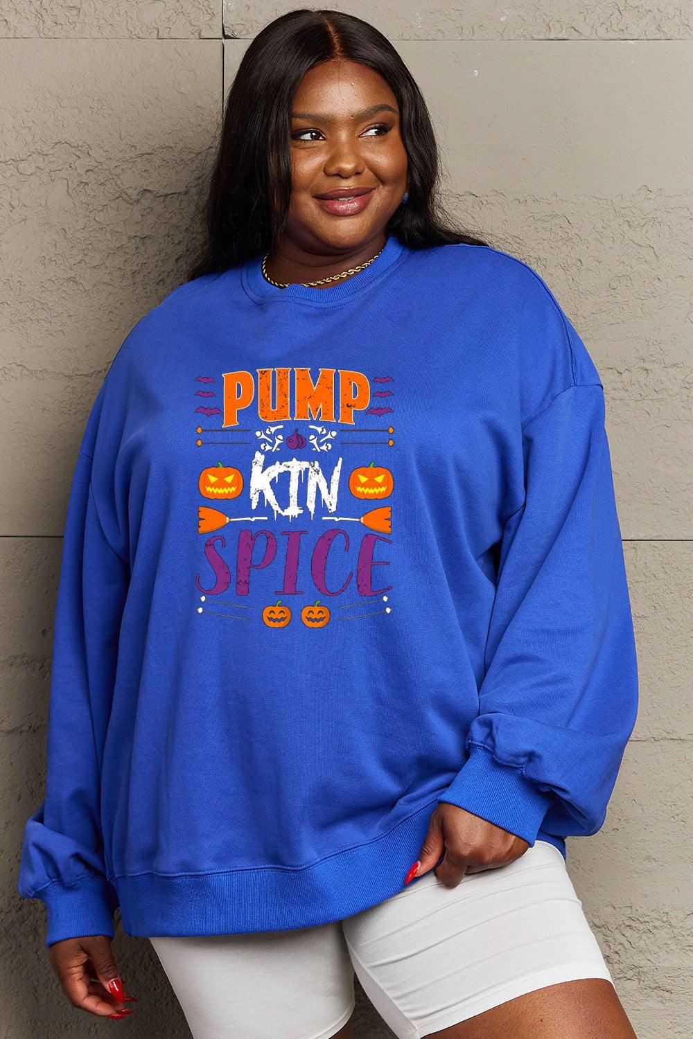 Get trendy with Simply Love Full Size PUMPKIN SPICE Graphic Sweatshirt - Halloween Clothes available at Styles Code. Grab yours today!