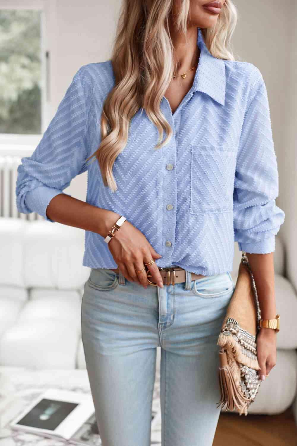 Get trendy with Collared Neck Long Sleeve Pocketed Shirt - Shirt available at Styles Code. Grab yours today!