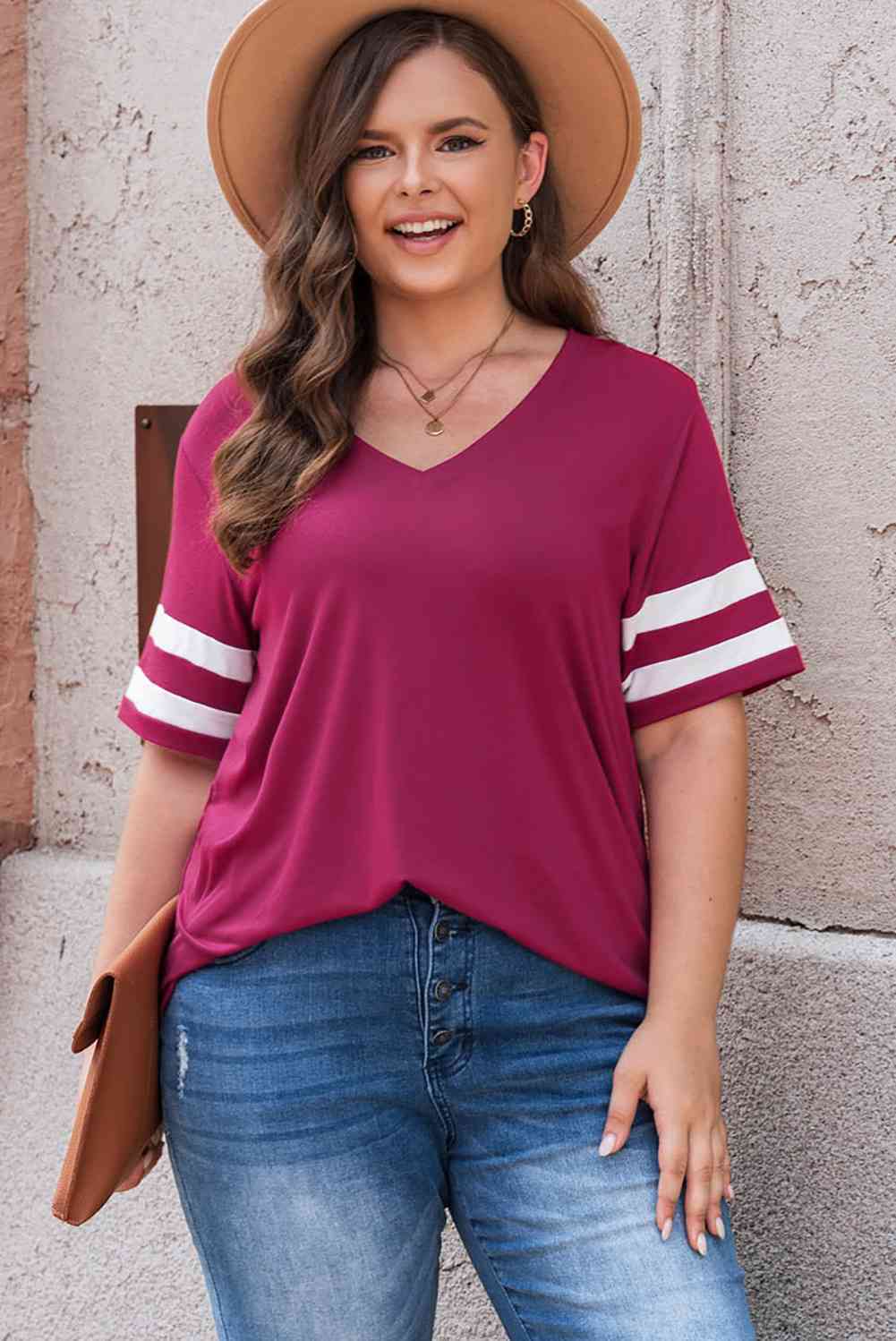 Get trendy with Plus Size Striped V-Neck Tee Shirt - T-Shirt available at Styles Code. Grab yours today!