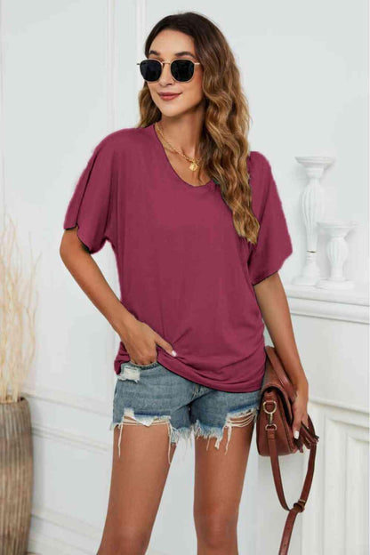 Get trendy with V-Neck Side Ruched Tee - T-Shirt available at Styles Code. Grab yours today!