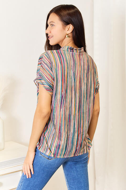 Get trendy with Double Take Multicolored Stripe Notched Neck Top - Tops available at Styles Code. Grab yours today!