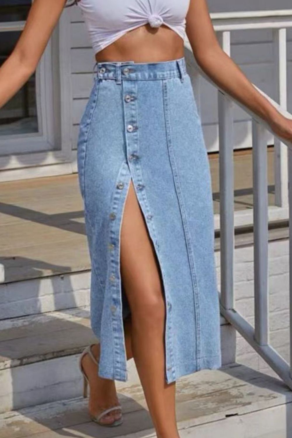 Get trendy with Buttoned Split Denim Skirt - Bottoms available at Styles Code. Grab yours today!