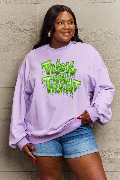 Get trendy with Simply Love Full Size TRICK OR TREAT Graphic Sweatshirt - Halloween Clothes available at Styles Code. Grab yours today!