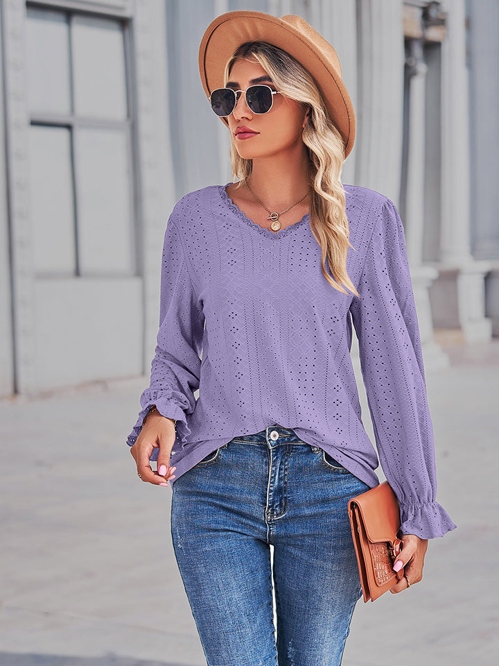 Get trendy with Eyelet V-Neck Flounce Sleeve Blouse - Tops available at Styles Code. Grab yours today!