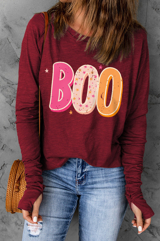 Get trendy with BOO Graphic Thumbhole Sleeve T-Shirt - Halloween Clothes available at Styles Code. Grab yours today!