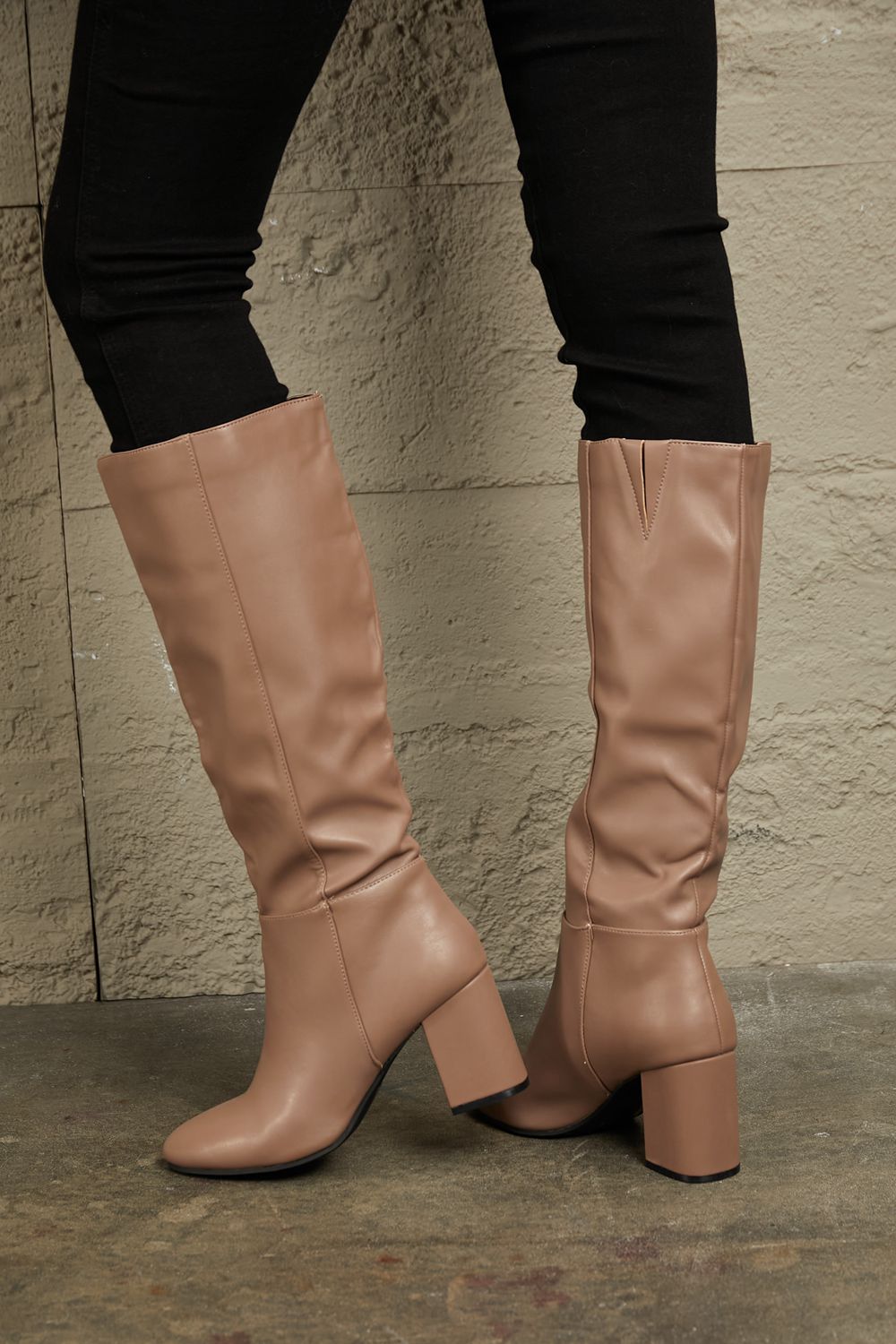 Get trendy with East Lion Corp Block Heel Knee High Boots - Luxe available at Styles Code. Grab yours today!