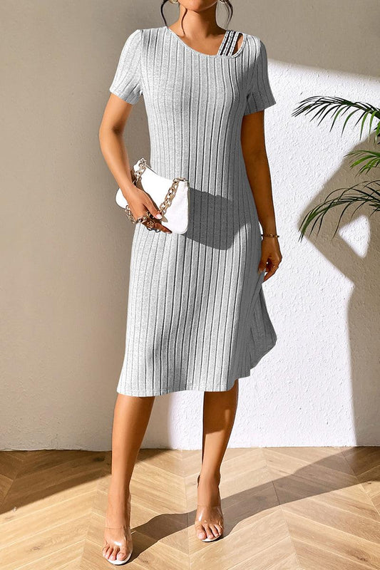 Get trendy with Ribbed Asymmetrical Neck Short Sleeve Dress - Dress available at Styles Code. Grab yours today!