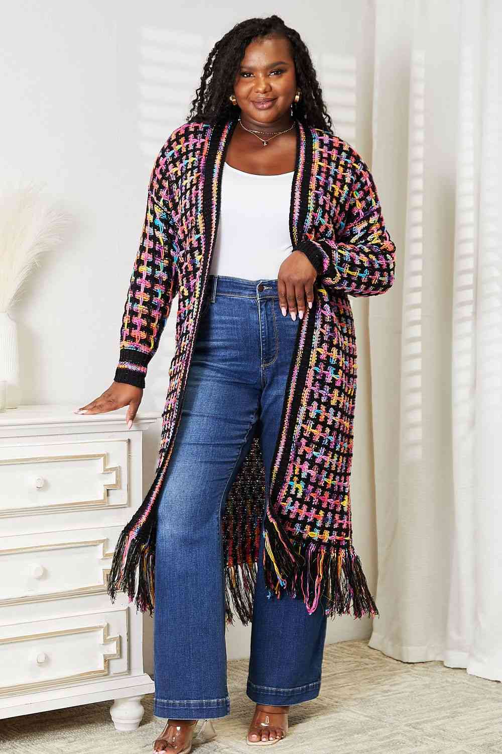 Get trendy with Double Take Full Size Multicolored Open Front Fringe Hem Cardigan - Cardigan available at Styles Code. Grab yours today!