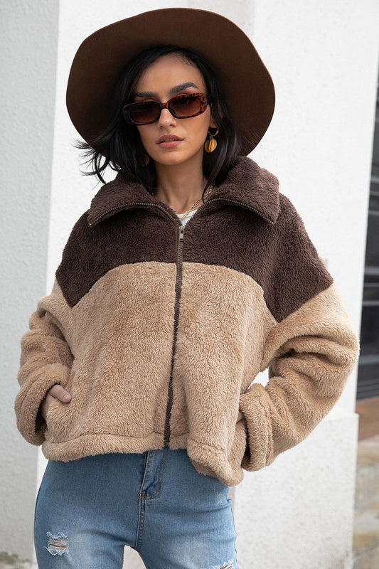 Get trendy with Two-Tone Collared Neck Fuzzy Jacket - Jackets available at Styles Code. Grab yours today!