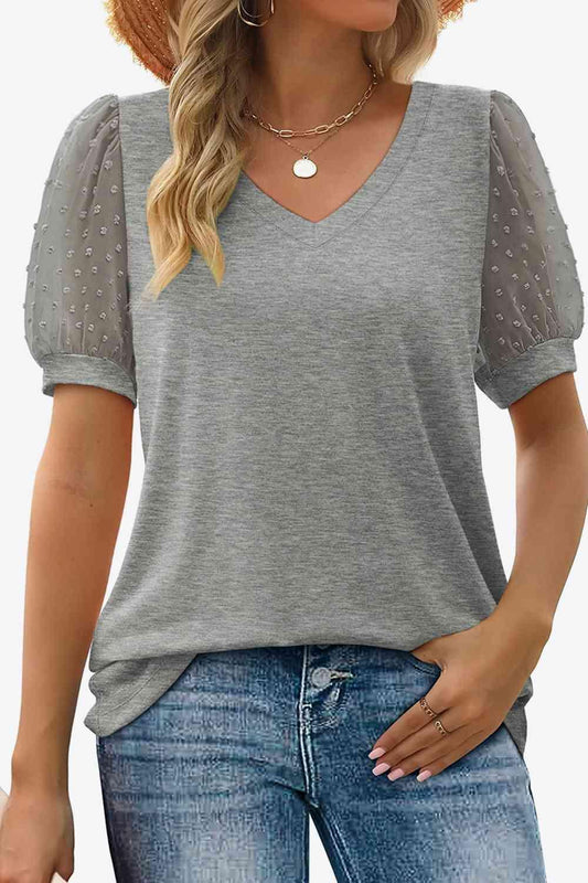 Get trendy with Swiss Dot Puff Sleeve V-Neck Tee - T-Shirt available at Styles Code. Grab yours today!