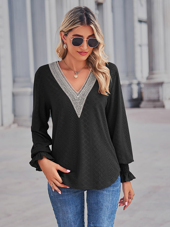 Get trendy with V-Neck Eyelet Flounce Sleeve Blouse - Tops available at Styles Code. Grab yours today!