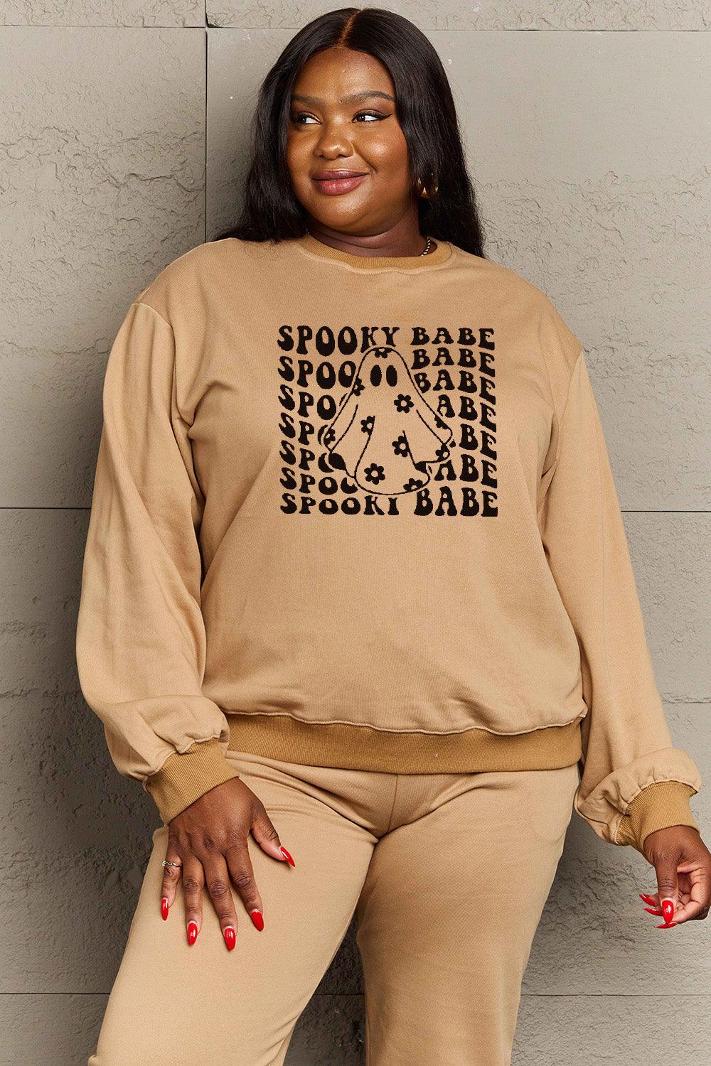 Get trendy with Simply Love Full Size SPOOKY BABE Graphic Sweatshirt - Halloween Clothes available at Styles Code. Grab yours today!