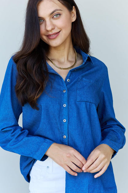 Get trendy with Denim Button Down Shirt Top -  available at Styles Code. Grab yours today!