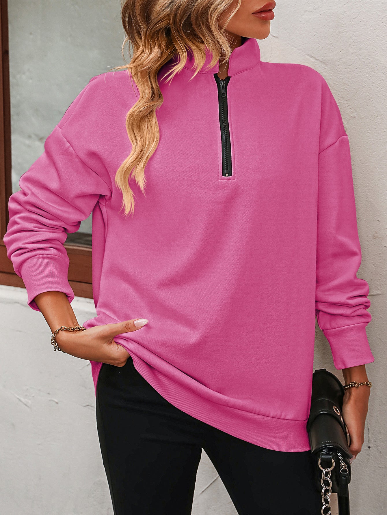 Get trendy with Zip-Up Dropped Shoulder Sweatshirt - Tops available at Styles Code. Grab yours today!