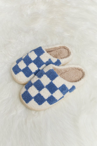 Get trendy with Melody Checkered Print Plush Slide Slippers - Shoes available at Styles Code. Grab yours today!