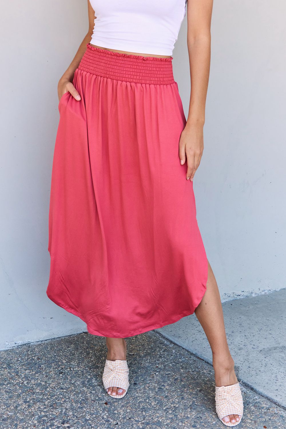 Get trendy with Doublju Comfort Princess Full Size High Waist Scoop Hem Maxi Skirt in Hot Pink -  available at Styles Code. Grab yours today!