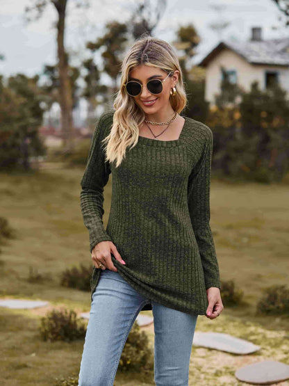 Get trendy with Ribbed Square Neck Long Sleeve Tee - T-Shirt available at Styles Code. Grab yours today!