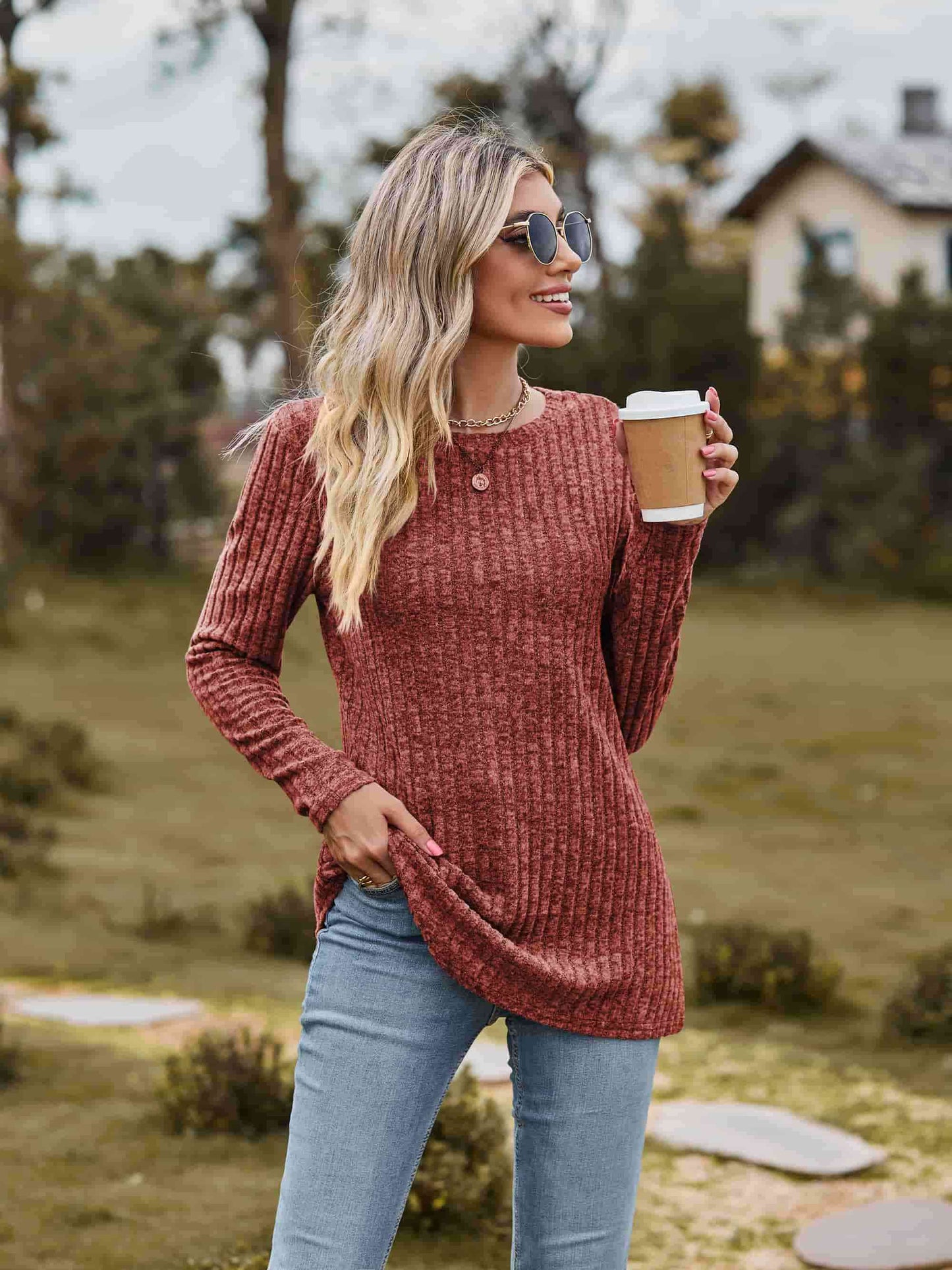 Get trendy with Ribbed Round Neck Long Sleeve Tee - T-Shirt available at Styles Code. Grab yours today!