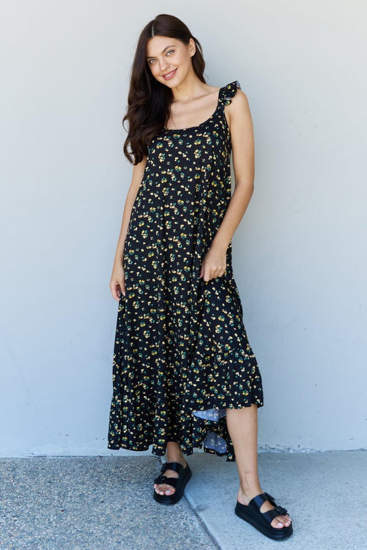 Get trendy with Ruffle Floral Maxi Dress in  Black -  available at Styles Code. Grab yours today!