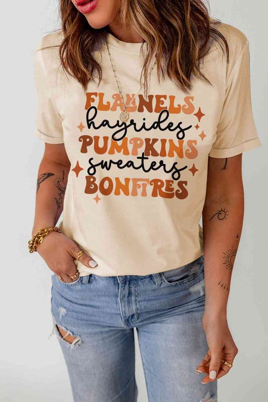 Get trendy with Letter Graphic Round Neck T-Shirt - T-Shirt available at Styles Code. Grab yours today!