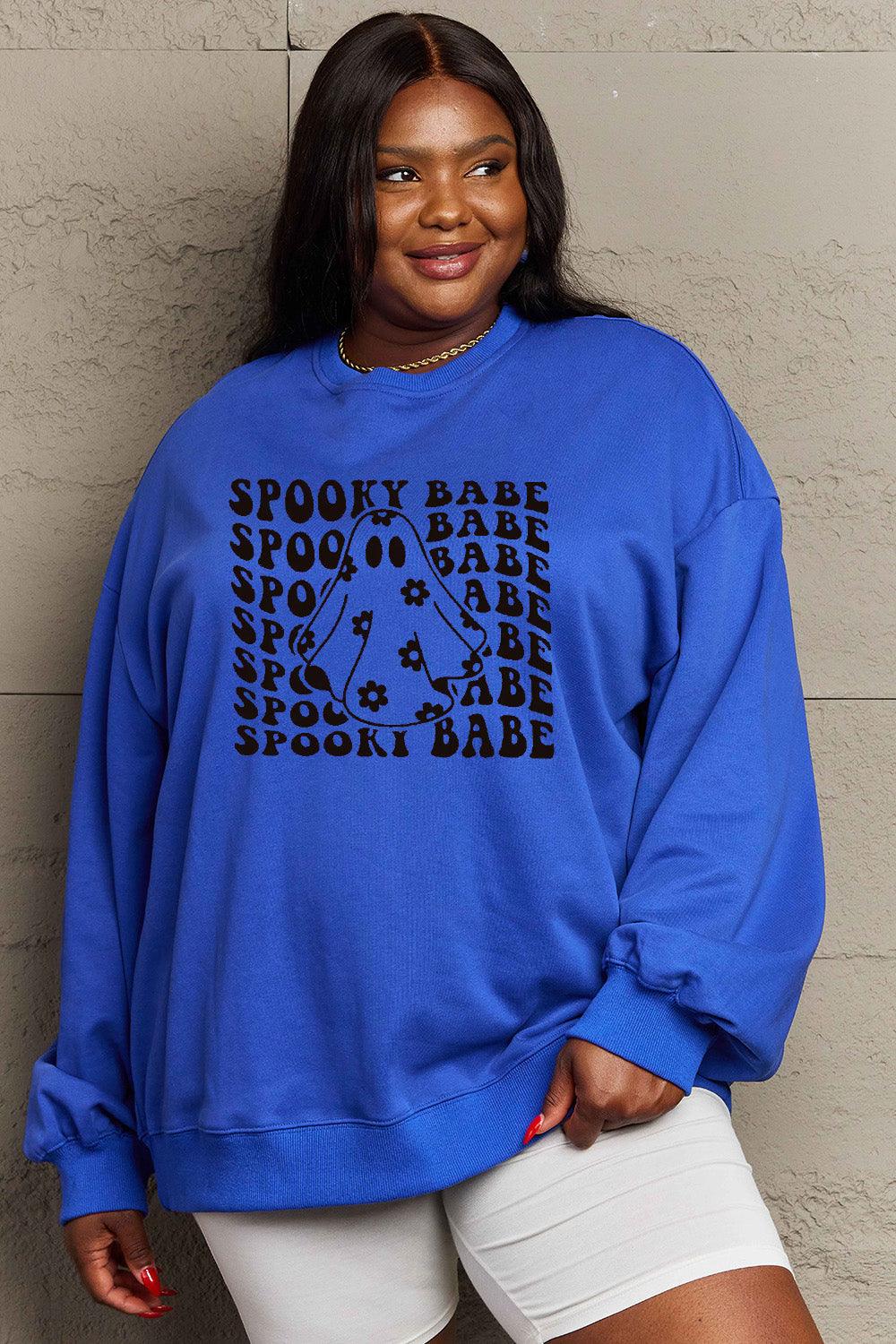 Get trendy with Simply Love Full Size SPOOKY BABE Graphic Sweatshirt - Halloween Clothes available at Styles Code. Grab yours today!