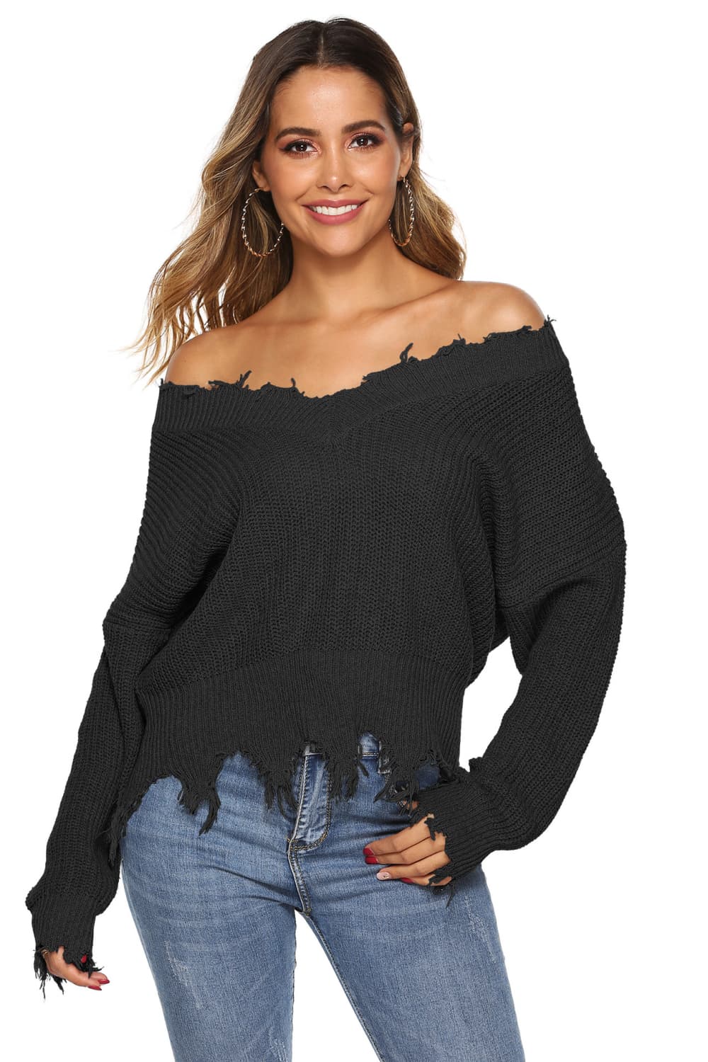Get trendy with Off-Shoulder Ribbed Long Sleeve Raw Hem Sweater - Sweater available at Styles Code. Grab yours today!