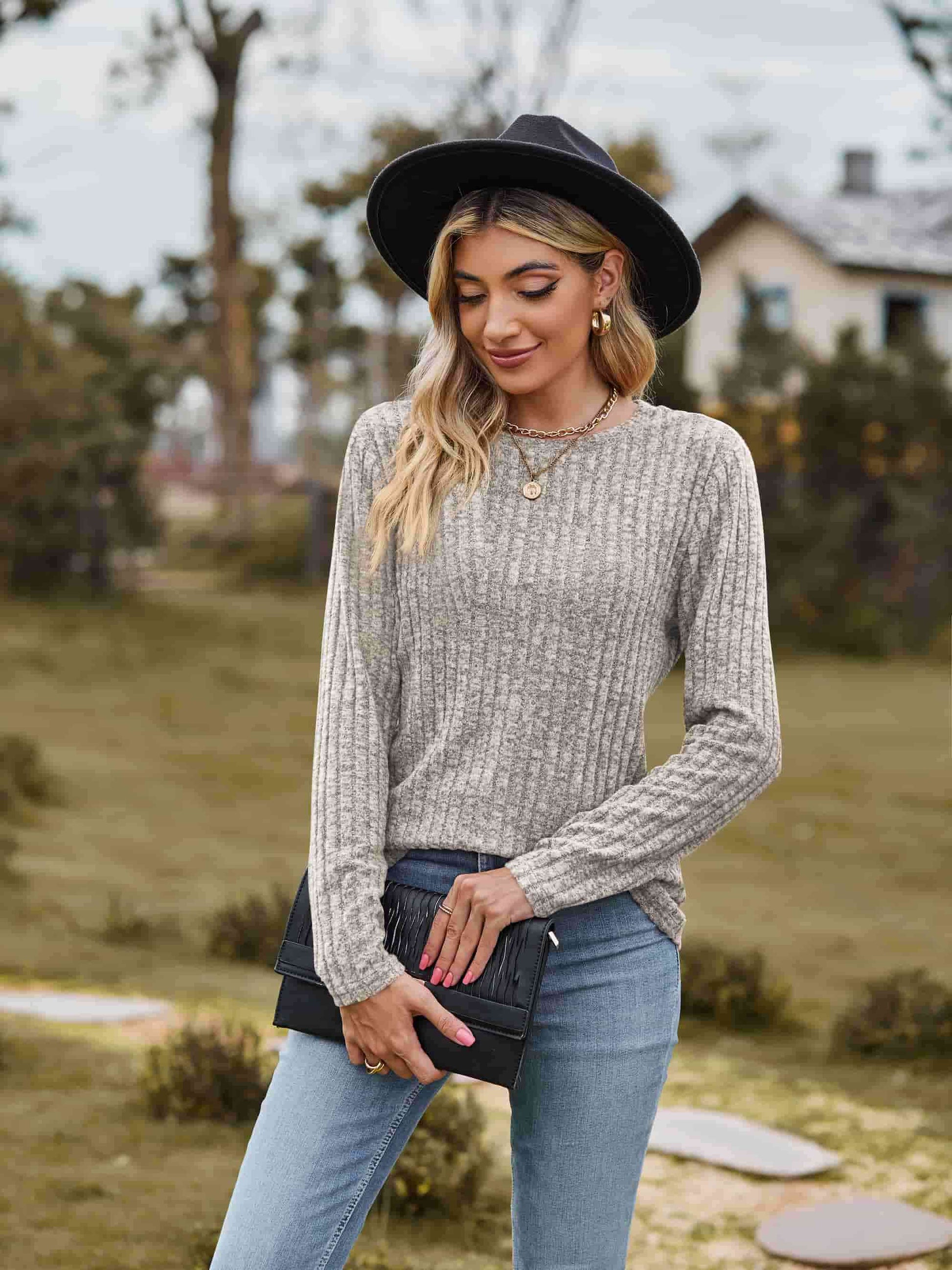 Get trendy with Ribbed Round Neck Long Sleeve Tee - T-Shirt available at Styles Code. Grab yours today!