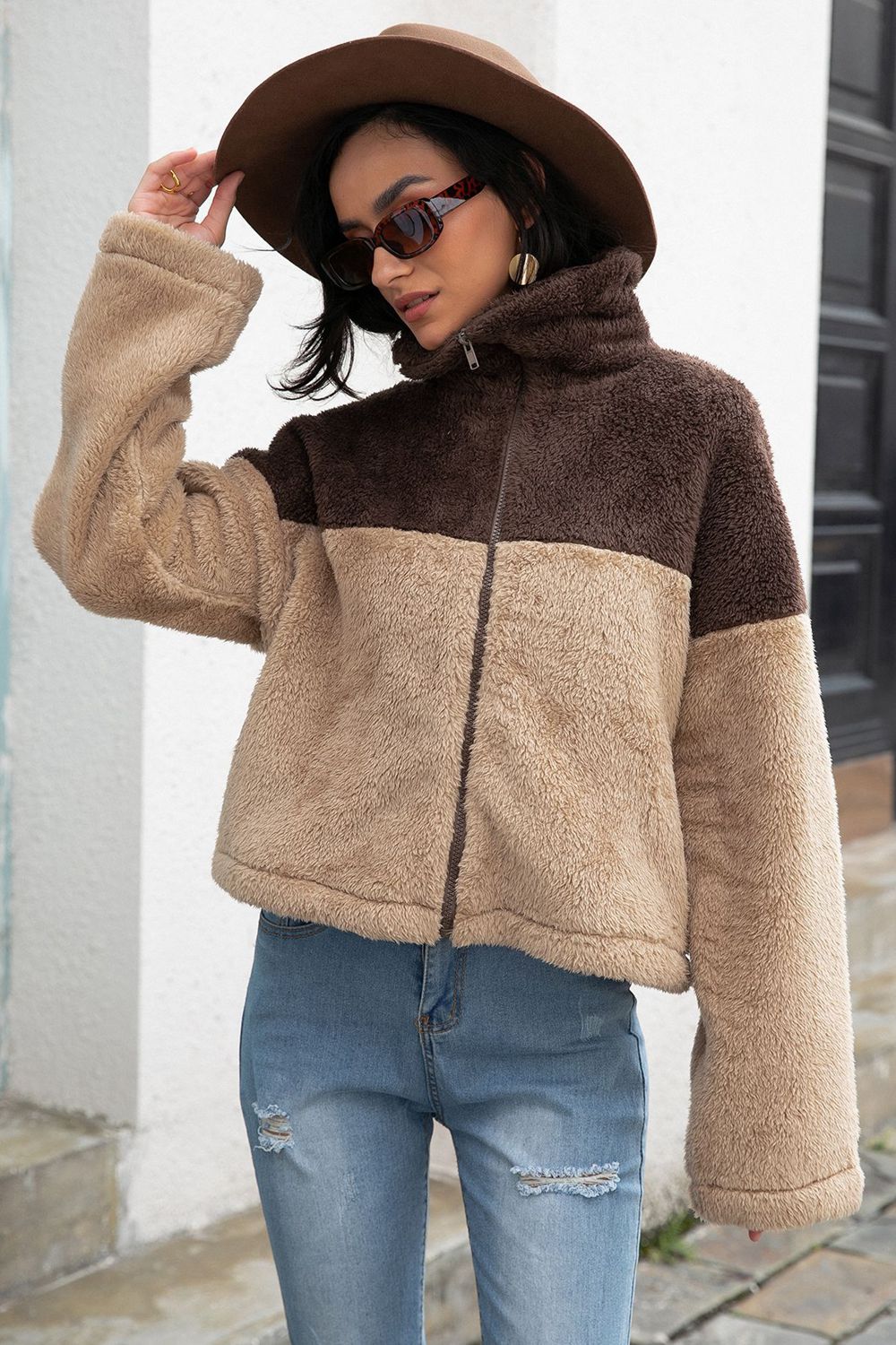 Get trendy with Two-Tone Collared Neck Fuzzy Jacket - Jackets available at Styles Code. Grab yours today!