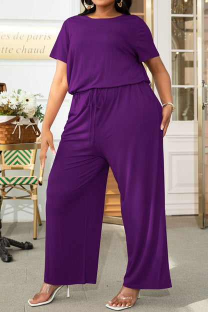 Get trendy with Plus Size Drawstring Waist Short Sleeve Jumpsuit - Plus size available at Styles Code. Grab yours today!