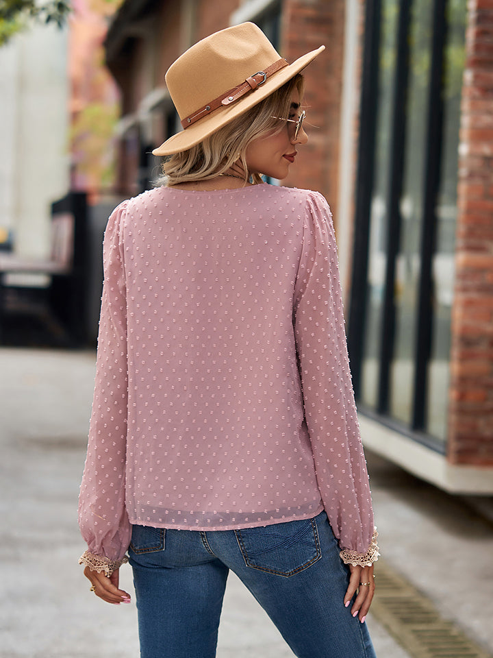 Get trendy with Swiss Dot V-Neck Long Sleeve Blouse - Tops available at Styles Code. Grab yours today!