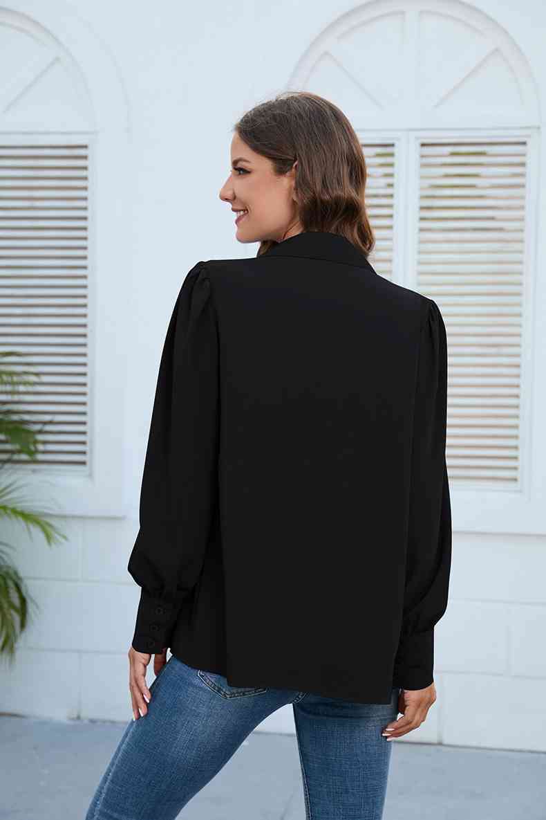 Get trendy with Puff Sleeve Collared Neck Shirt - Shirt available at Styles Code. Grab yours today!