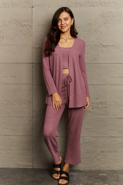 Get trendy with Ninexis Full Size Cropped Top, Long Pants and Cardigan Lounge Set - Two Piece Sets available at Styles Code. Grab yours today!