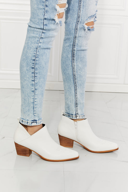 Get trendy with MMShoes Trust Yourself Embroidered Crossover Cowboy Bootie in White - Shoes available at Styles Code. Grab yours today!