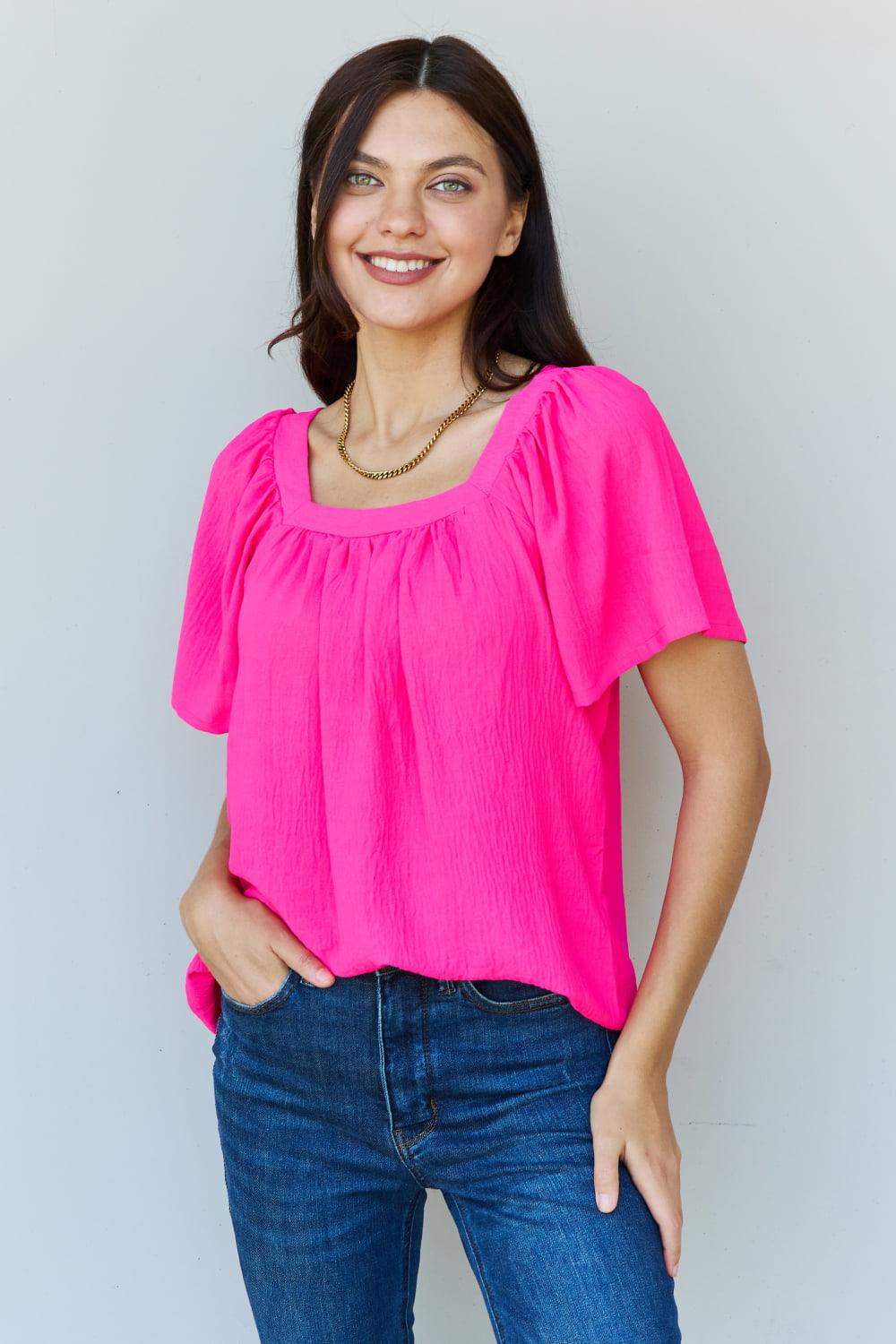 Get trendy with Square Neck Short Sleeve Blouse in Fuchsia -  available at Styles Code. Grab yours today!