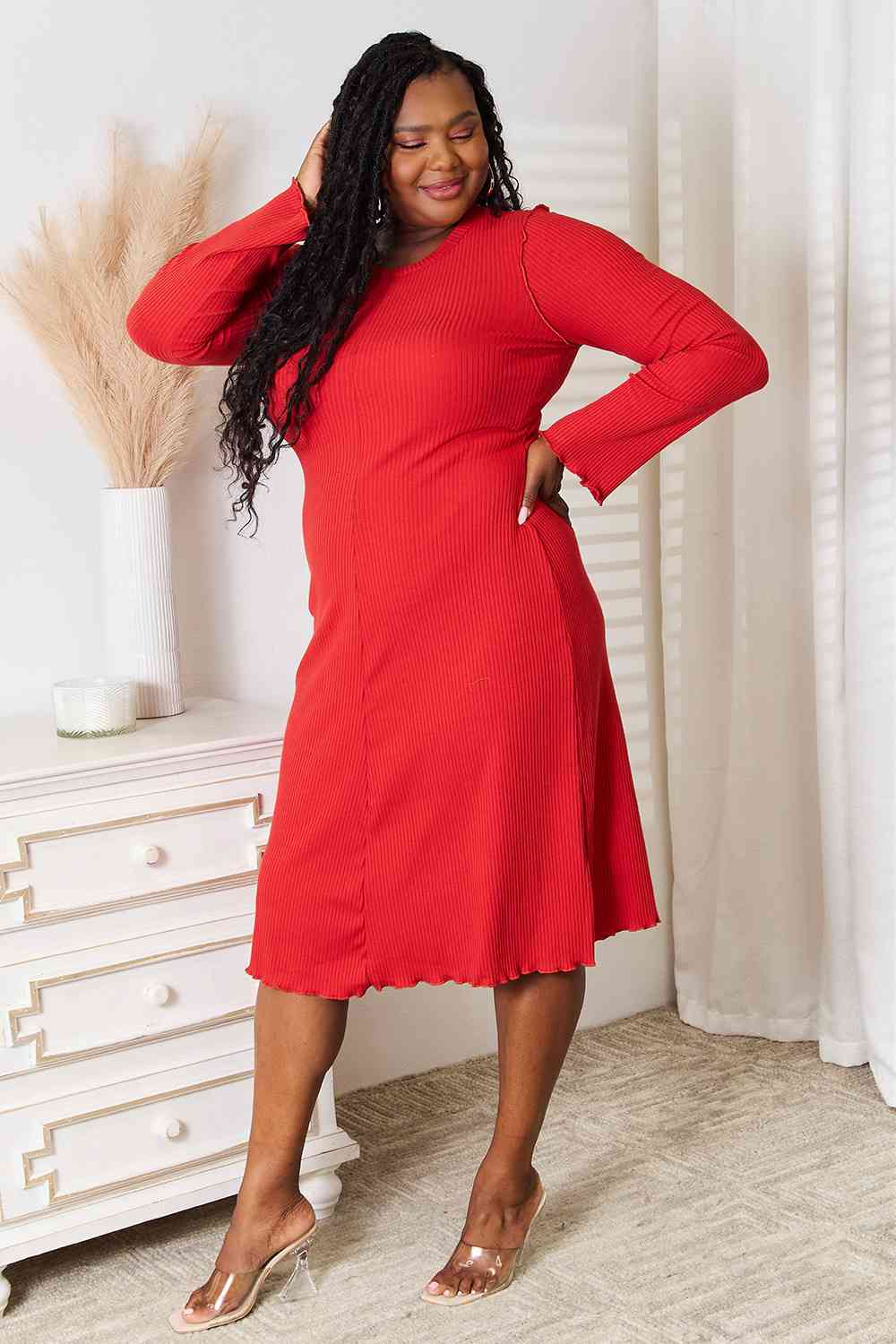 Get trendy with Culture Code Full Size Round Neck Long Sleeve Dress - Dress available at Styles Code. Grab yours today!