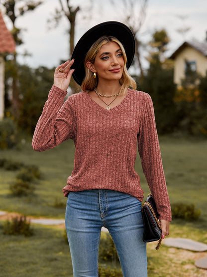 Get trendy with Ribbed V-Neck Long Sleeve Tee - Tops available at Styles Code. Grab yours today!