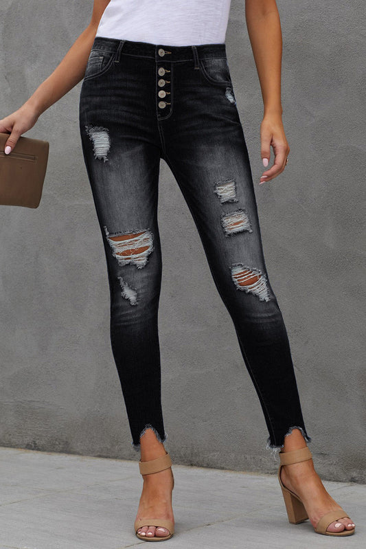 Get trendy with Baeful Button Fly Hem Detail Ankle-Length Skinny Jeans - Jeans available at Styles Code. Grab yours today!