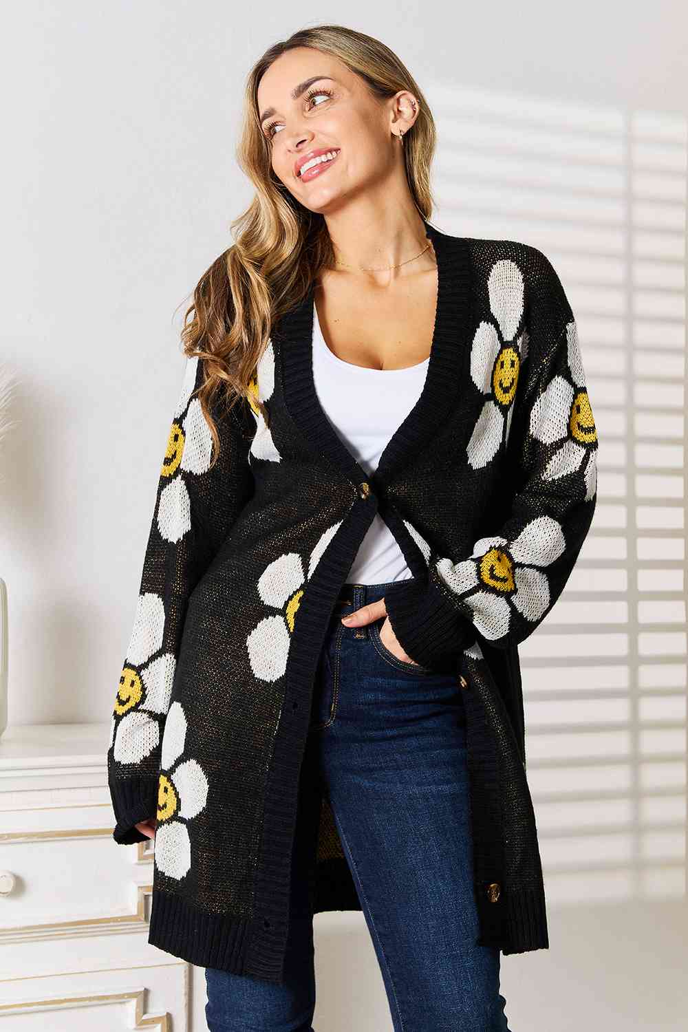 Get trendy with Double Take Floral Button Down Longline Cardigan - Cardigan available at Styles Code. Grab yours today!