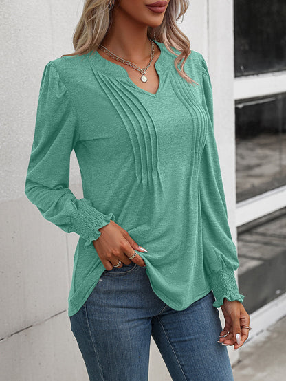 Get trendy with Notched Neck Puff Sleeve Blouse - Tops available at Styles Code. Grab yours today!