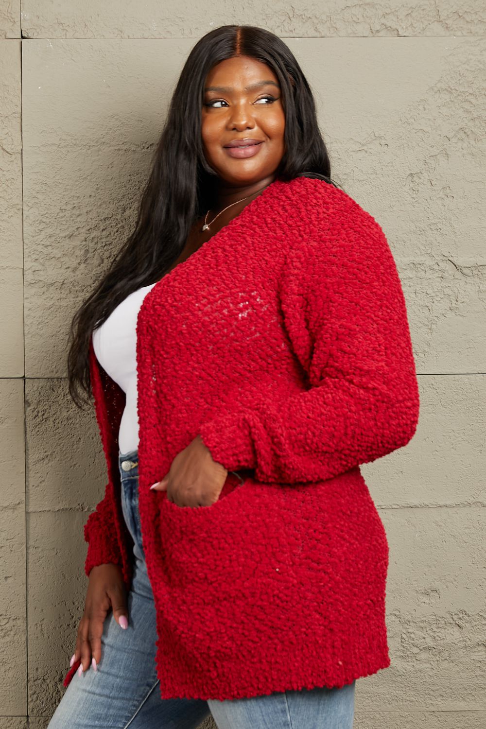 Get trendy with Full Size Open Front Popcorn Cardigan - Cardigan available at Styles Code. Grab yours today!