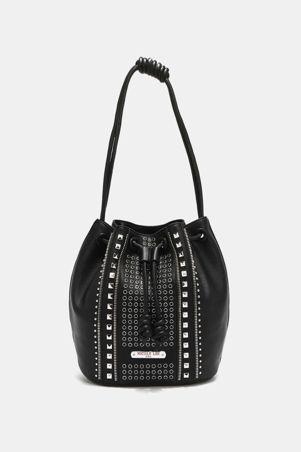 Get trendy with Nicole Lee USA Amy Studded Bucket Bag - Bags available at Styles Code. Grab yours today!