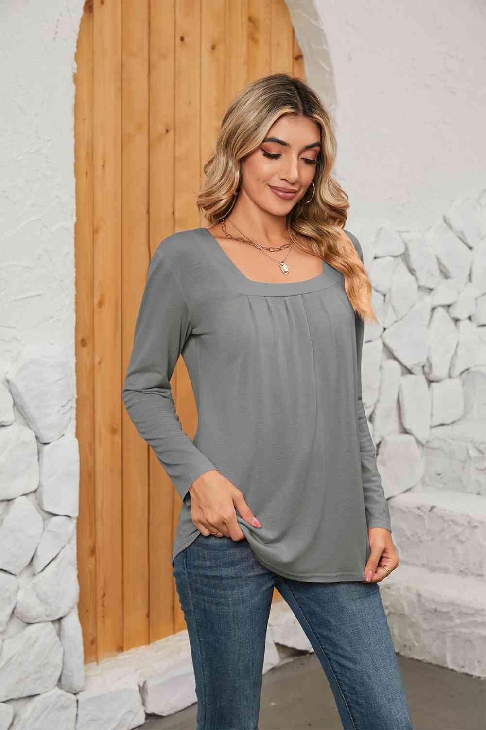 Get trendy with Square Neck Long Sleeve T-Shirt - T-Shirt available at Styles Code. Grab yours today!