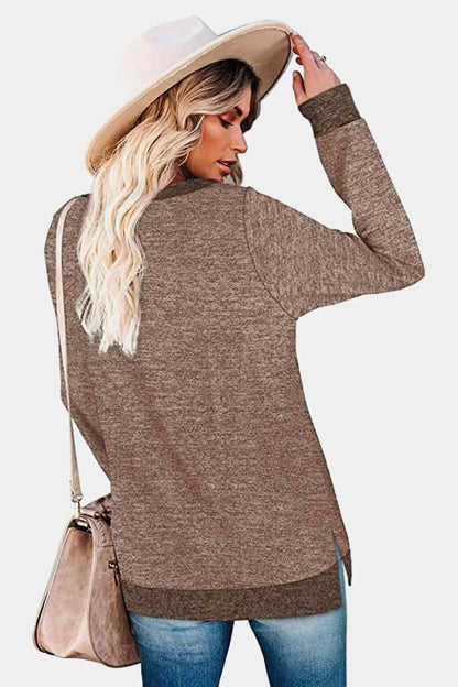 Get trendy with Round Neck Long Sleeve Slit T-Shirt - Shirt available at Styles Code. Grab yours today!