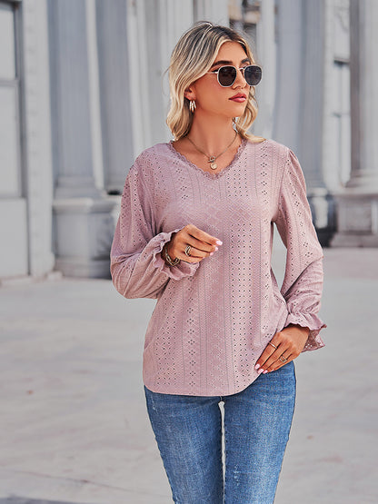 Get trendy with Eyelet V-Neck Flounce Sleeve Blouse - Tops available at Styles Code. Grab yours today!