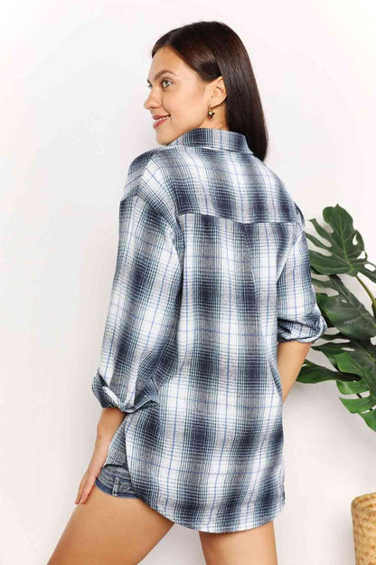 Get trendy with Double Take Plaid Dropped Shoulder Shirt - Shirt available at Styles Code. Grab yours today!