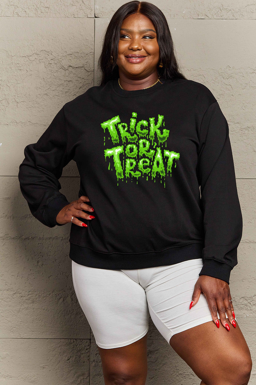 Get trendy with Simply Love Full Size TRICK OR TREAT Graphic Sweatshirt - Halloween Clothes available at Styles Code. Grab yours today!